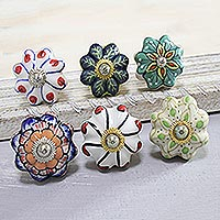 Ceramic knobs, 'Floral Homestead' (set of 6) - Floral Ceramic Knobs Crafted in India (Set of 6)