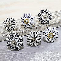 Ceramic knobs, 'Flowery Union' (set of 6) - Floral Ceramic Knobs with Hand-Painted Designs (Set of 6)