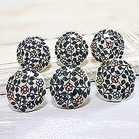 Ceramic knobs, 'Divine Garden' (set of 6) - Intricate Floral Ceramic Knobs from India (Set of 6)