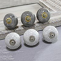 Ceramic knobs, 'Modern Homestead' (set of 6) - Black and White Modern Ceramic Knobs from India (Set of 6)