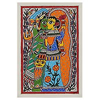 Madhubani painting, 'Ardhnareshwar - The Divine Union' - Shiva and Parvati Hindu Madhubani Painting from India