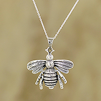 Sterling silver pendant necklace, 'Humming Bee' - Sterling Silver Bee Pendant Necklace from India