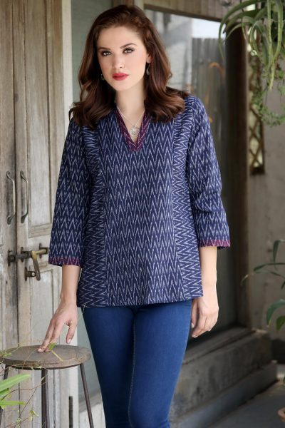 Tie-dyed cotton tunic, 'Ikat Lightning' - Ikat Tie-Dyed Zigzag Motif Cotton Tunic in Indigo from India