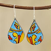 Ceramic dangle earrings, 'Song of Autumn' - Hand-Painted Teardrop Ceramic Dangle Earrings from India
