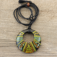 Ceramic pendant necklace, 'Madhubani Glory' - Madhubani-Style Ceramic Pendant Necklace from India