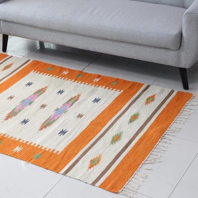 Wool area rug, 'Tangerine Fusion' (4x6) - Tangerine and Ivory Wool Area Rug from India (4x6)