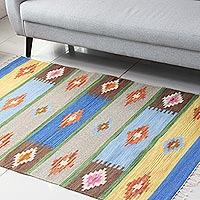 Wool area rug, 'Stripes and Diamonds' (4x6) - Diamond and Striped Pattern Wool Area Rug from India (4x6)