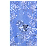 'Spring Delight' - Signed Blue Folk Art Painting of a Bird from India