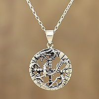 Sterling silver pendant necklace, 'Dragon Mystic' - Circular Sterling Silver Dragon Pendant Necklace from India