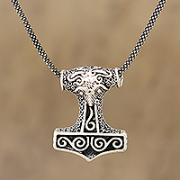 Sterling silver pendant necklace, 'Thor Bull' - Bull-Themed Sterling Silver Thor's Hammer Necklace