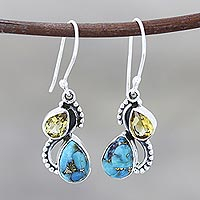 Citrine dangle earrings, 'Two Teardrops' - Citrine and Composite Turquoise Teardrop Dangle Earrings