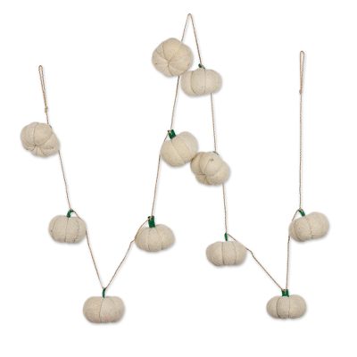 Wool felt ornament garland, 'Chic Pumpkins' - Wool Felt Pumpkin Ornament Garland in Ivory from India