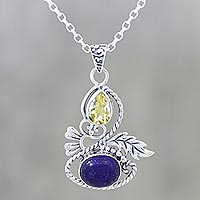 Citrine and lapis lazuli pendant necklace, 'Delightful Garden' - Leafy Citrine and Lapis Lazuli Pendant Necklace from India