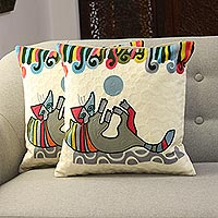 Embroidered cotton cushion covers, 'Playful Kitten' (pair) - Cotton Cushion Covers Embroidered with a Cat (Pair)
