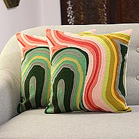 Embroidered cotton cushion covers, 'Abstract Evening' (pair) - Colorful Abstract Embroidered Cotton Cushion Covers (Pair)
