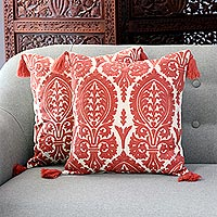 Cotton cushion covers, 'Deep Rose Harmony' (pair) - Deep Rose and Alabaster Cotton Cushion Covers (Pair)