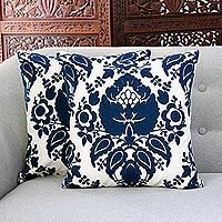 Cotton cushion covers, 'Midnight Glory' (pair) - Midnight and Alabaster Cotton Cushion Covers (Pair)