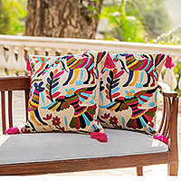 Cotton cushion covers, 'Enchanted Forest' (pair) - Animal-Themed Cotton Cushion Covers from India (Pair)