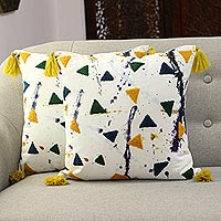 Embroidered cotton cushion covers, 'Geometric Void' (pair) - Geometric Embroidered Cotton Cushion Covers (Pair)