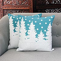 Cotton cushion covers, 'Turquoise Winter' (pair) - Winter-Themed Embroidered Cotton Cushion Covers (Pair)