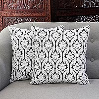 Cotton cushion covers, 'Midnight Trellis' (pair) - Embroidered Cotton Cushion Covers from India (Pair)