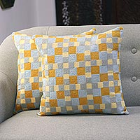 Embroidered cotton cushion covers, 'Square Illusion' (pair) - Square Embroidered Cotton Cushion Covers from India (Pair)