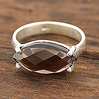 Smoky quartz single-stone ring, 'Sparkling Marquise' - 4-Carat Smoky Quartz Single-Stone Ring from India