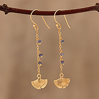Gold plated iolite dangle earrings, 'Ginkgo Hope' - Gold Plated Iolite Ginkgo Leaf Dangle Earrings from India