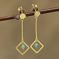 Gold plated chalcedony dangle earrings, 'Square Dazzle' - 22k Gold Plated Chalcedony Dangle Earrings from India