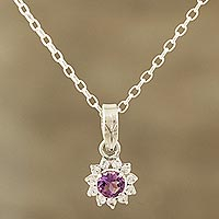 Amethyst pendant necklace, 'Gleaming Flower' - Floral Amethyst Pendant Necklace Crafted in India