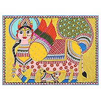 Madhubani painting, 'Kamadhenu' - Madhubani Painting of Cow Mother Kamdhenu from India