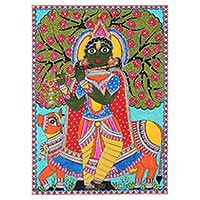 Madhubani painting, 'Krishna with Cow' - Signed Madhubani Painting of Lord Krishna from India