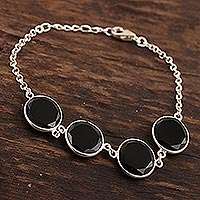 Onyx pendant bracelet, 'Dazzling Glisten' - 24-Carat Black Onyx Link Bracelet from India