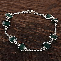 Onyx station bracelet, 'Alluring Forest' - 6.5-Carat Green Onyx Station Bracelet from India