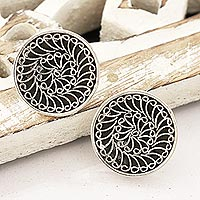 Sterling silver button earrings, 'Beatific Swirls' - Swirl Pattern Sterling Silver Button Earrings from India