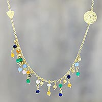 Gold plated multi-gemstone waterfall necklace, 'Rainbow Drizzle' - Gold Plated Multi-Gemstone Waterfall Necklace from India