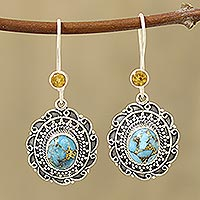 Citrine dangle earrings, 'Royal Complement' - Citrine and Composite Turquoise Dangle Earrings from India