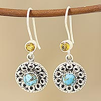 Citrine dangle earrings, 'Striking Beauty' - Circular Citrine and Composite Turquoise Dangle Earrings