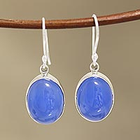 Chalcedony dangle earrings, 'Cool Ovals' - Oval Blue Chalcedony Dangle Earrings from India