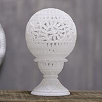 Alabaster tealight holder, 'Vine Dome' - Vine Pattern Alabaster Tealight Holder from India