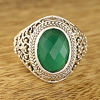 Onyx single-stone ring, 'Forest Checkerboard' - 6-Carat Green Onyx Single-Stone Ring from India