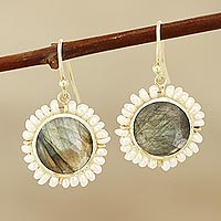 Gold plated labradorite and cultured pearl dangle earrings, 'Petal Glow' - Labradorite and Cultured Pearl Dangle Earrings from India