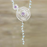 Amethyst and chalcedony pendant necklace, 'Glittering Spirals' - Spiral-Shaped Amethyst and Chalcedony Pendant Necklace
