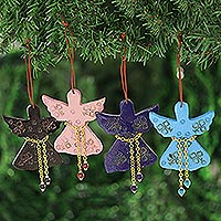 Wood ornaments, 'Seasonal Message' (set of 4) - Assorted Mango Wood Angel Ornaments from India (Set of 4)