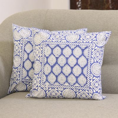 Cotton cushion covers, Lapis Garden (16 inch, pair)