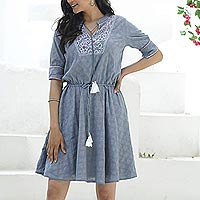 Cotton A-line dress, 'Delhi Spring in Wedgwood' - Cotton A-Line Summer Dress in Wedgwood Blue