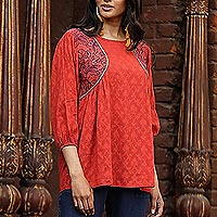 Cotton top, 'Delhi Spring in Russet' - Embroidered Cotton Top in Paprika from India
