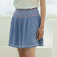 Embroidered cotton miniskirt, 'Delhi Spring in Wedgwood' - Feminine Blue Miniskirt in Embroidered Cotton