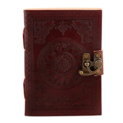 Embossed leather journal, 'Floral Mandala' - Embossed Leather Journal with Handmade Paper