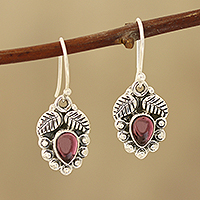 Garnet dangle earrings, 'Teardrop Leaves' - Leaf-Themed Garnet Dangle Earrings from India
